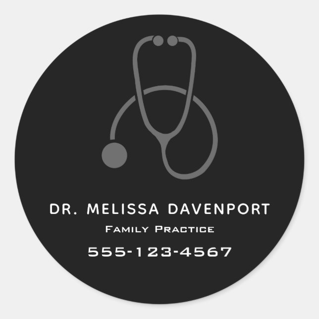 Stylish Grey Stethoscope Illustration on Black Classic Round Sticker (Front)