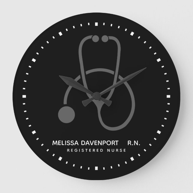 Stylish Grey Stethoscope on Black Nurse Large Clock (Front)