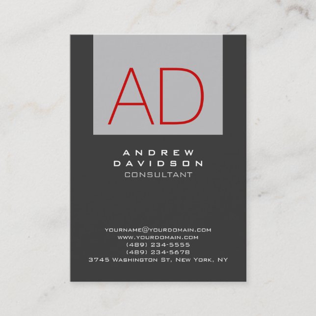 Stylish Grey Stripe Red Monogram Business Card (Front)