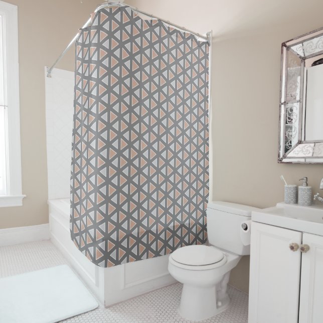 Stylish Grey & Tan Geometric Triangle Pattern Shower Curtain (In Situ)