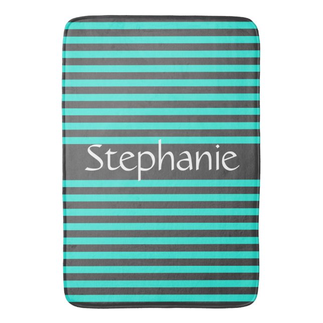 Stylish Grey Teal Stripes White Custom Name Bath Mat (Front Vertical)