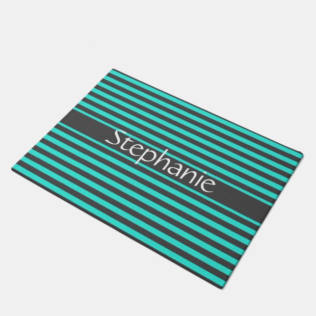 Stylish Grey Teal Stripes White Custom Name Doormat (Angled)