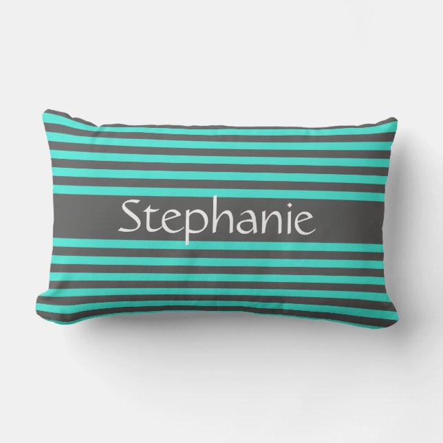 Stylish Grey Teal Stripes White Custom Name Lumbar Cushion (Front)