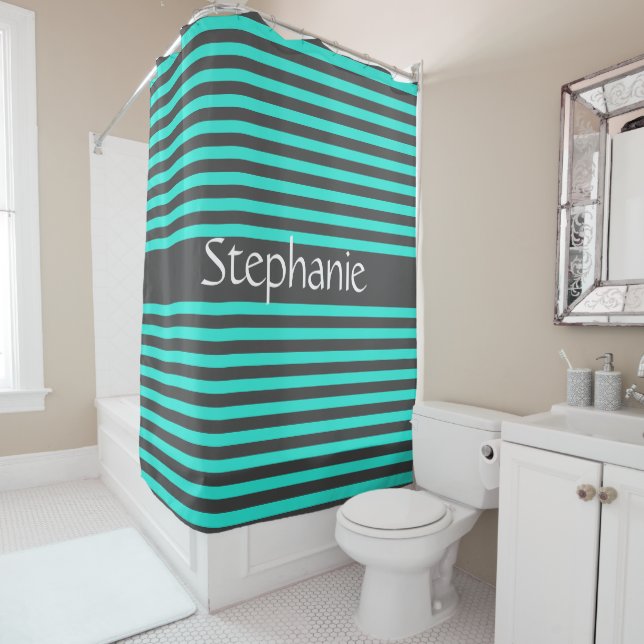 Stylish Grey Teal Stripes White Custom Name Shower Curtain (In Situ)
