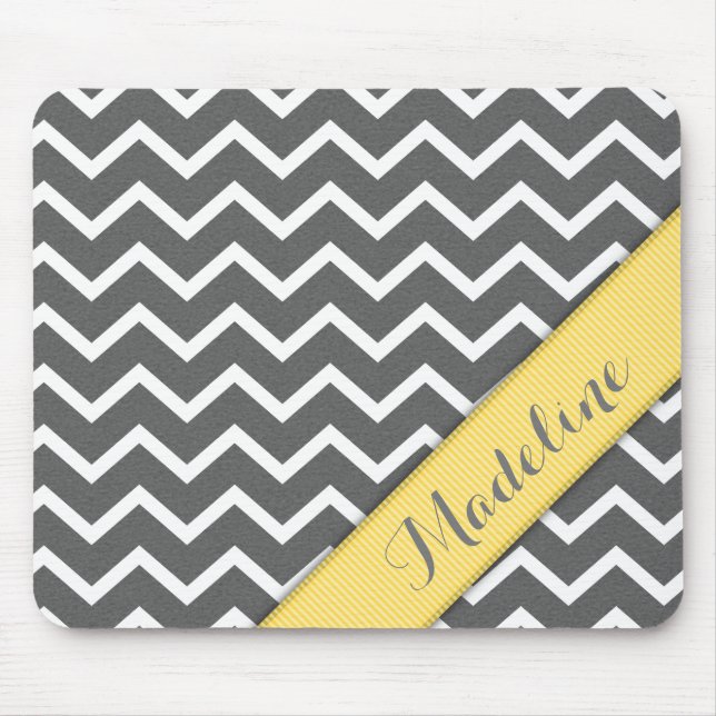 Stylish Grey White Chevron Yellow Ribbon Mouse Pad (Front)