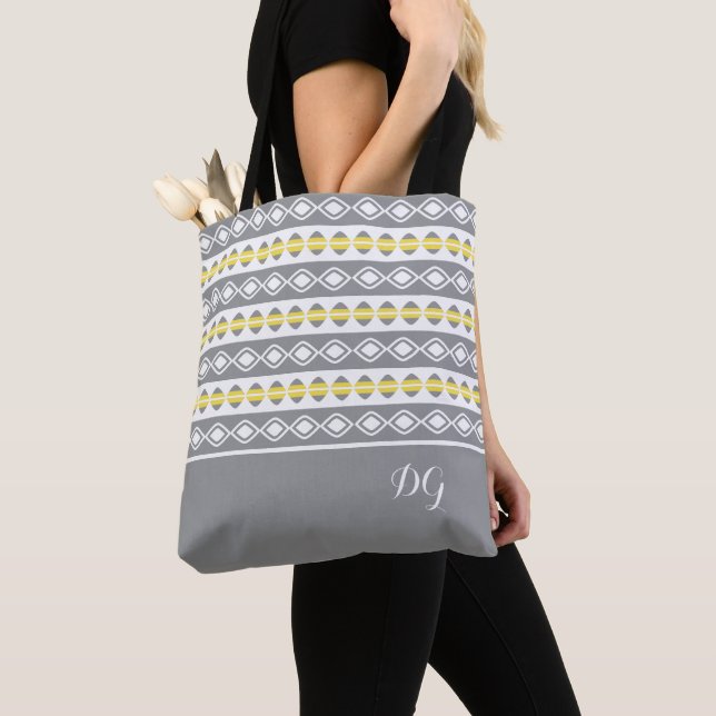 Stylish Grey Yellow & White Geometric Pattern Tote Bag (Close Up)