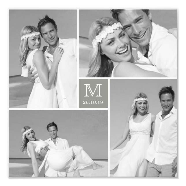 Stylish Grid Grey Square Monogram 4 Photo Wedding Print (Front)
