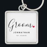 Stylish Groom Wedding Key Ring<br><div class="desc">The perfect gift for any groom,  the fun and modern design features stylish typography script font "Groom" wording with a cute little red love heart full stops. The design is easy to personalise with your name and established wedding date and will be the perfect keepsake from your special day.</div>