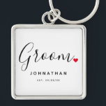 Stylish Groom Wedding Key Ring<br><div class="desc">The perfect gift for any groom,  the fun and modern design features stylish typography script font "Groom" wording with a cute little red love heart full stops. The design is easy to personalise with your name and established wedding date and will be the perfect keepsake from your special day.</div>