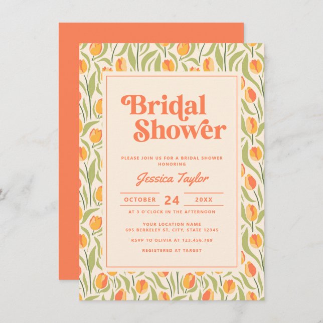 Stylish Groovy Retro 70s Floral Bridal Shower Invitation (Front/Back)