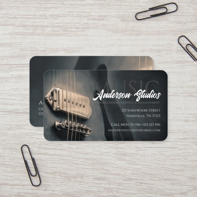 Stylish Guitar Music Studio Nashville Musician Business Card (Front/Back In Situ)
