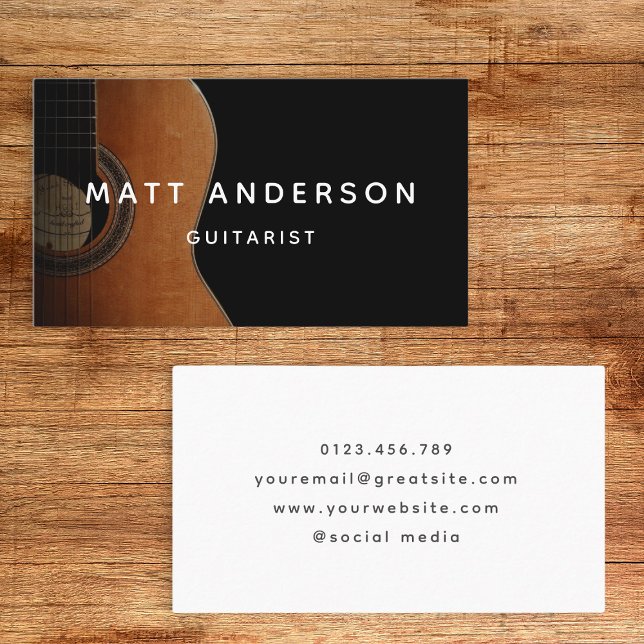 Stylish Guitar Musician Minimal Black and White Business Card (Creator Uploaded)