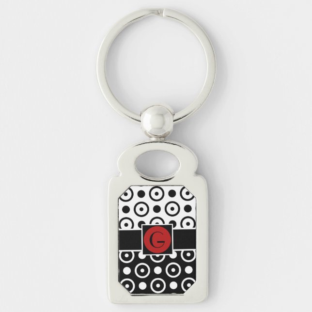 Stylish Half Black Half White polka dots monogram Key Ring (Front)