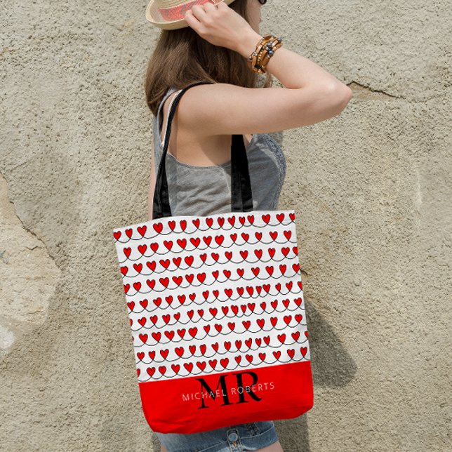 Stylish hand-drawn Hearts Pattern Personalised Tote Bag (Creator Uploaded)