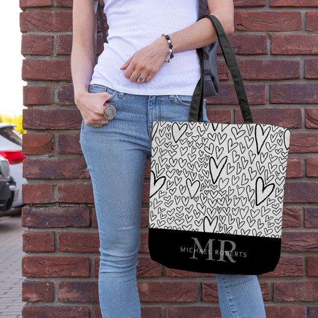 Stylish hand-drawn Hearts Pattern Personalised Tote Bag (Creator Uploaded)