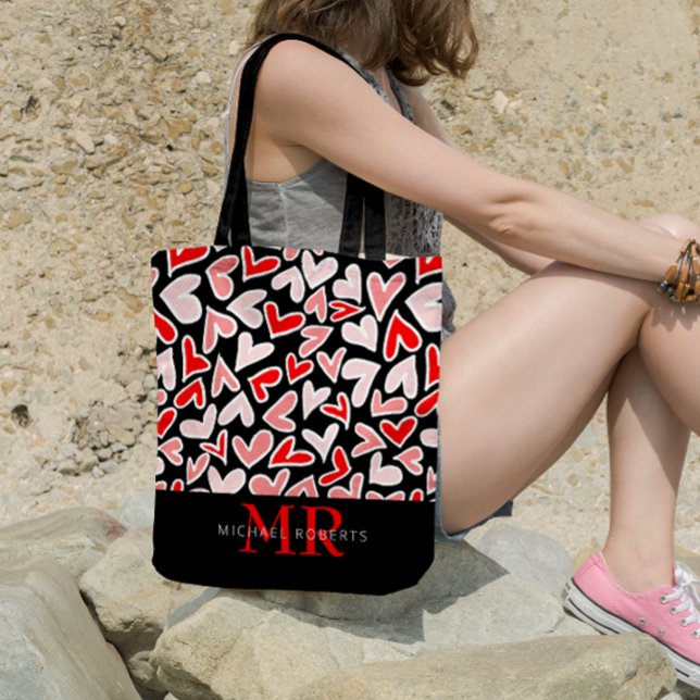 Stylish hand-drawn Hearts Pattern Personalised Tote Bag (Creator Uploaded)