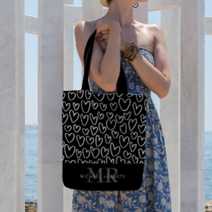 Stylish hand-drawn Hearts Pattern Personalised Tote Bag