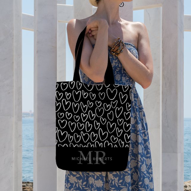 Stylish hand-drawn Hearts Pattern Personalised Tote Bag (Creator Uploaded)