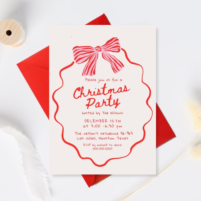 Stylish Hand Drawn Holiday Bow Christmas Party Invitation (Creator Uploaded)