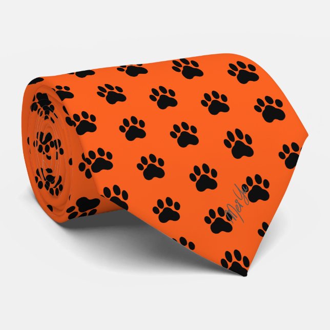 Stylish Hand Drawn Paws Silky Tie | Scarlet Orange (Rolled)