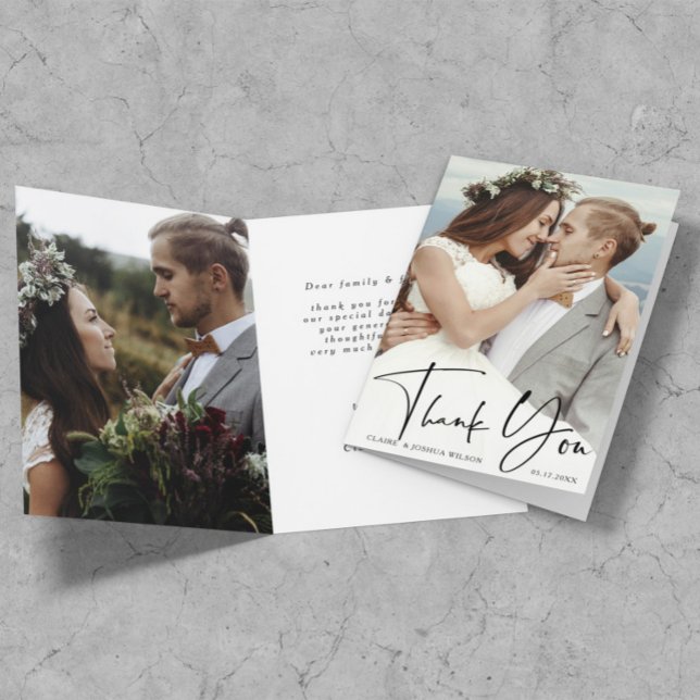 Stylish Hand Lettered Wedding 2 Photo Thank You  Card (Front & Inside)