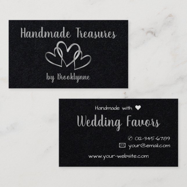 Stylish Handmade with Love Black Silver Hearts  Business Card (Front/Back)