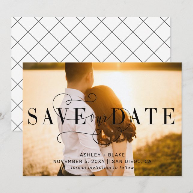 Stylish Handwritten Calligraphy Photo Save The Dat Date (Front/Back)