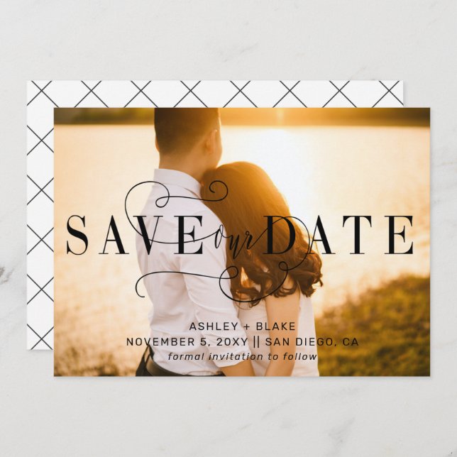 Stylish Handwritten Calligraphy Photo Save The Dat Save The Date (Front/Back)