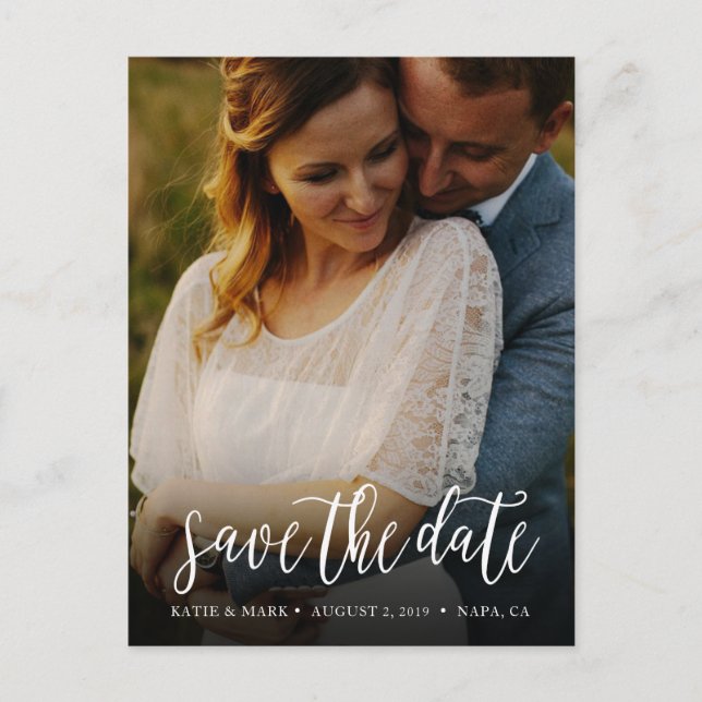 Stylish Handwritten Photo Save the Date Postcard (Front)