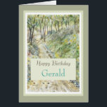 Stylish Happy Birthday Personalise Name Card<br><div class="desc">A lovely painting of trees and a forest trail with a warm birthday message for happy trails for the next year. Personalise with Person's name or Title of Son,  Dad,  Uncle,  Husband.</div>