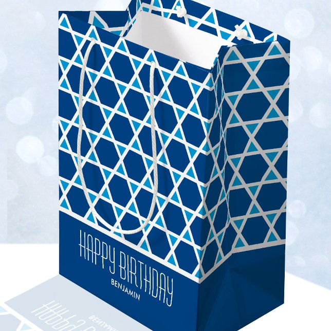 Stylish Happy Birthday Star Pattern Blue Custom Medium Gift Bag (Creator Uploaded)