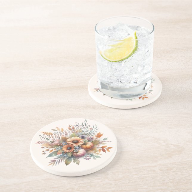 Stylish Happy Fall Pumpkin Flower Bouquet Motif Coaster (Side)