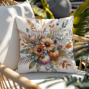 Stylish Happy Fall Pumpkin Flower Bouquet Motif Cushion