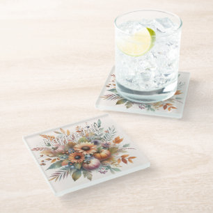 Stylish Happy Fall Pumpkin Flower Bouquet Motif Glass Coaster