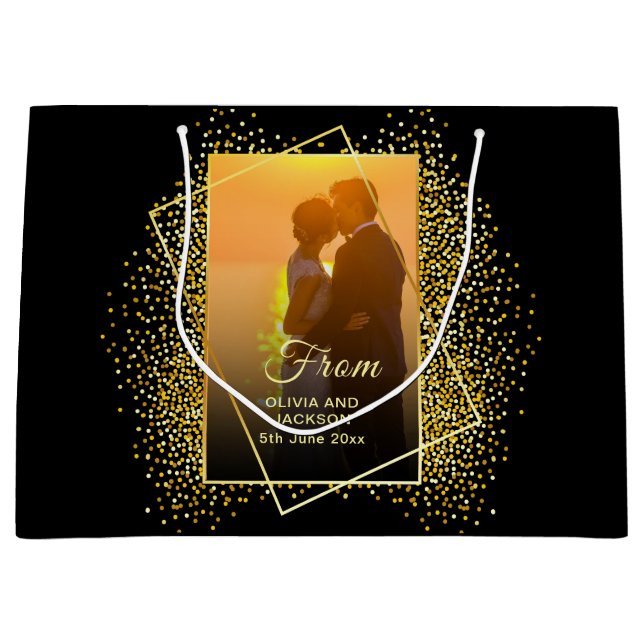 Stylish Happy Valentine Gold Glitter couple photo Large Gift Bag (Front)