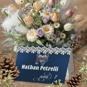 Stylish Heart & Lace - Dark Blue Place Card