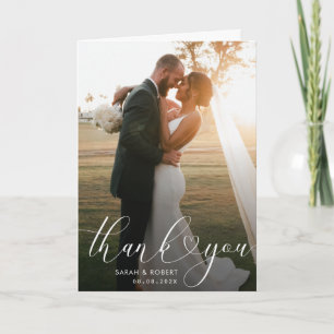 stylish heart script wedding thank you photo card