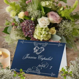 Stylish Heart & Scrolls - Blue Place Card