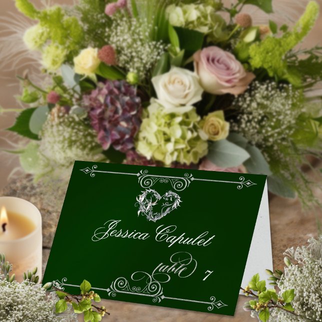 Stylish Heart & Scrolls - Emerald Place Card (Creator Uploaded)
