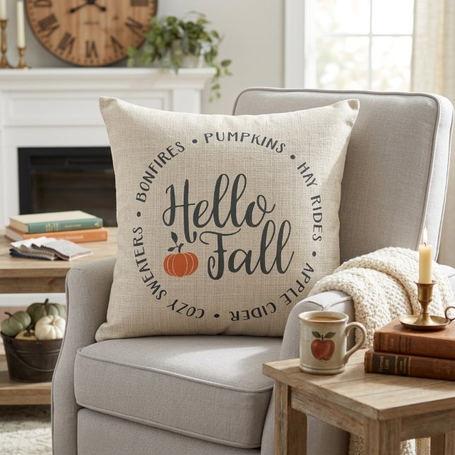Stylish Hello Fall Classic Autumn Cushion (Stylish Hello Fall Classic Autumn Throw Pillow.  Bonfires, Pumpkins, Hay Rides, Cozy Sweaters, Cider)