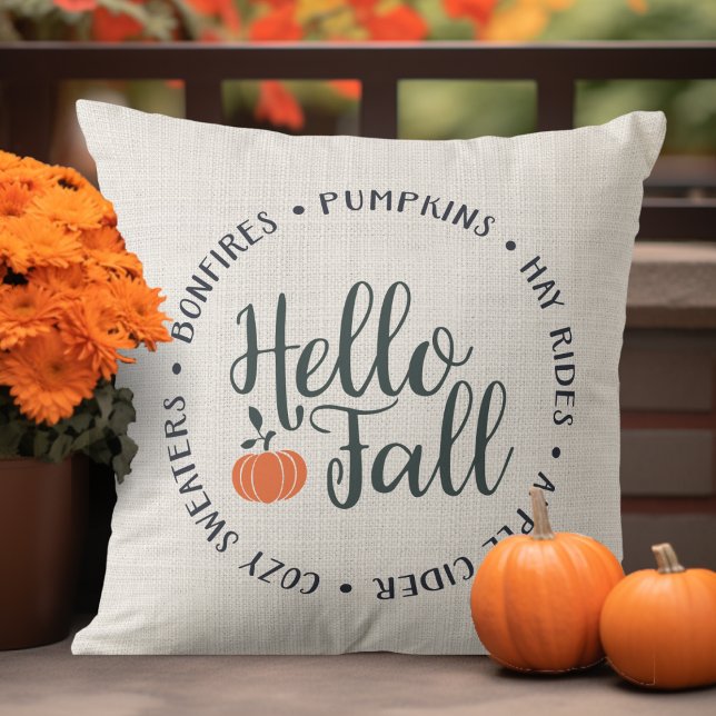 Stylish Hello Fall Classic Autumn Cushion (Stylish Hello Fall Classic Autumn Throw Pillow.  Bonfires, Pumpkins, Hay Rides, Cozy Sweaters, Cider)