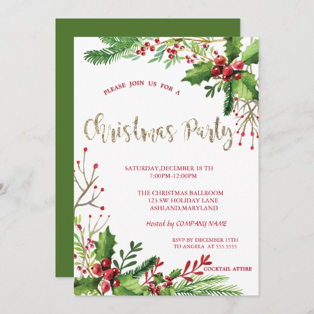 Stylish Holly Berries Company Christmas Party Invitation (Front/Back)