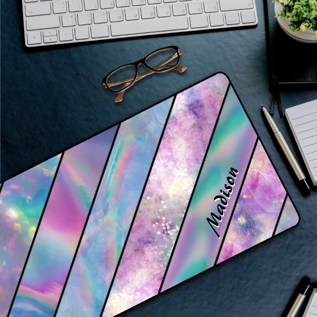 Stylish holographic chic blue pink desk mat (Creator Uploaded)