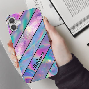Stylish holographic chic blue pink striped iPhone 16 case