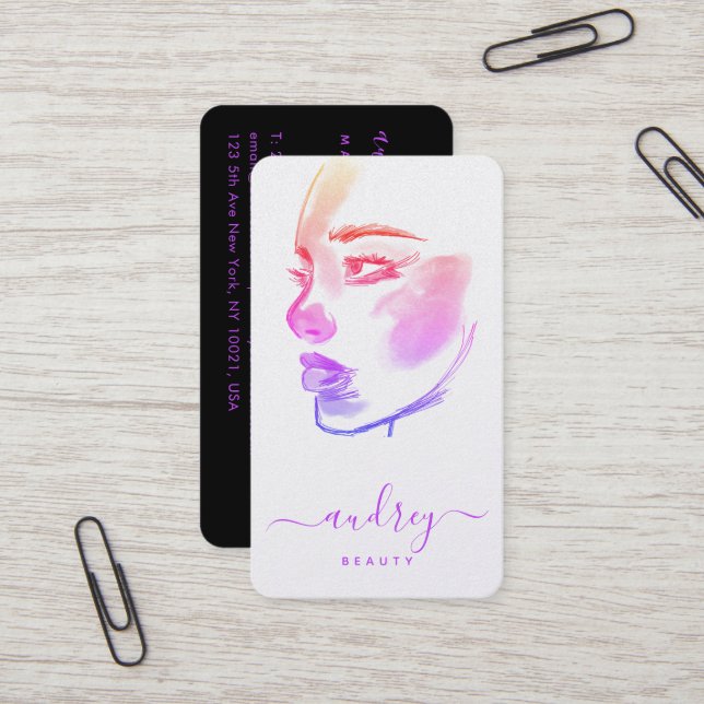 Stylish Holography Pink Beauty Watercolor Script Business Card (Front/Back In Situ)