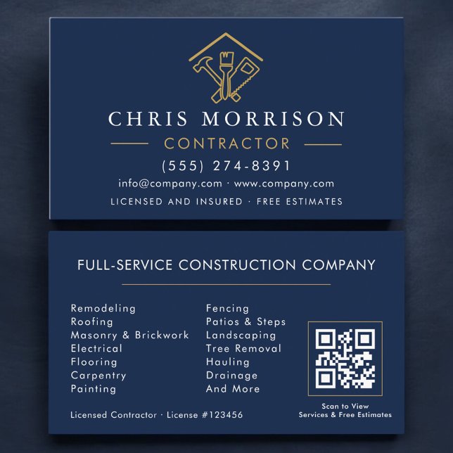 Stylish Home Repairs Contractor Navy Blue QR Code Business Card (Creator Uploaded)