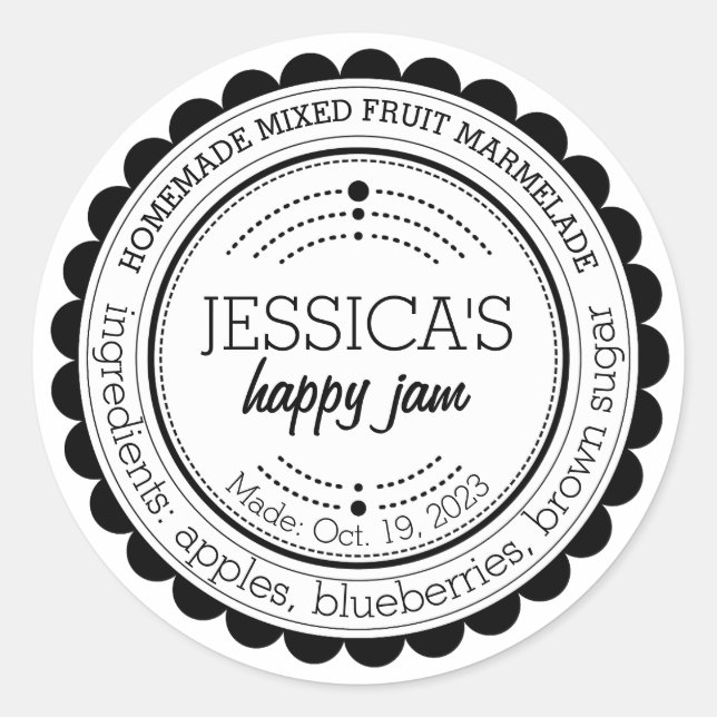 Stylish Homemade Black White Jam Circle Label (Front)