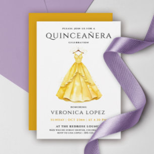 Stylish Honey Yellow Quinceañera Dress Watercolor Invitation