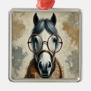 Stylish Horse with Glasses – Funny Vintage Art Metal Ornament
