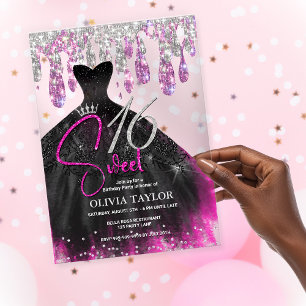 Stylish hot pink black dress sweet 16 monogram  acrylic invitations